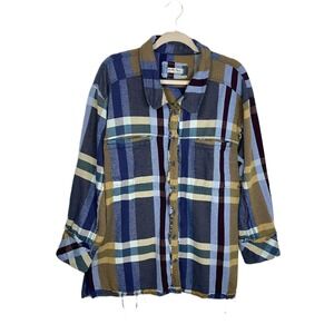 We The Free Large So Long Summer Plaid Shirt Blue Gold Maroon Frayed Boho Grunge